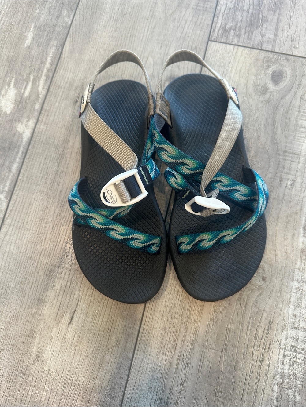 Chaco Sport Sandals with Teal and Navy Patterned Straps